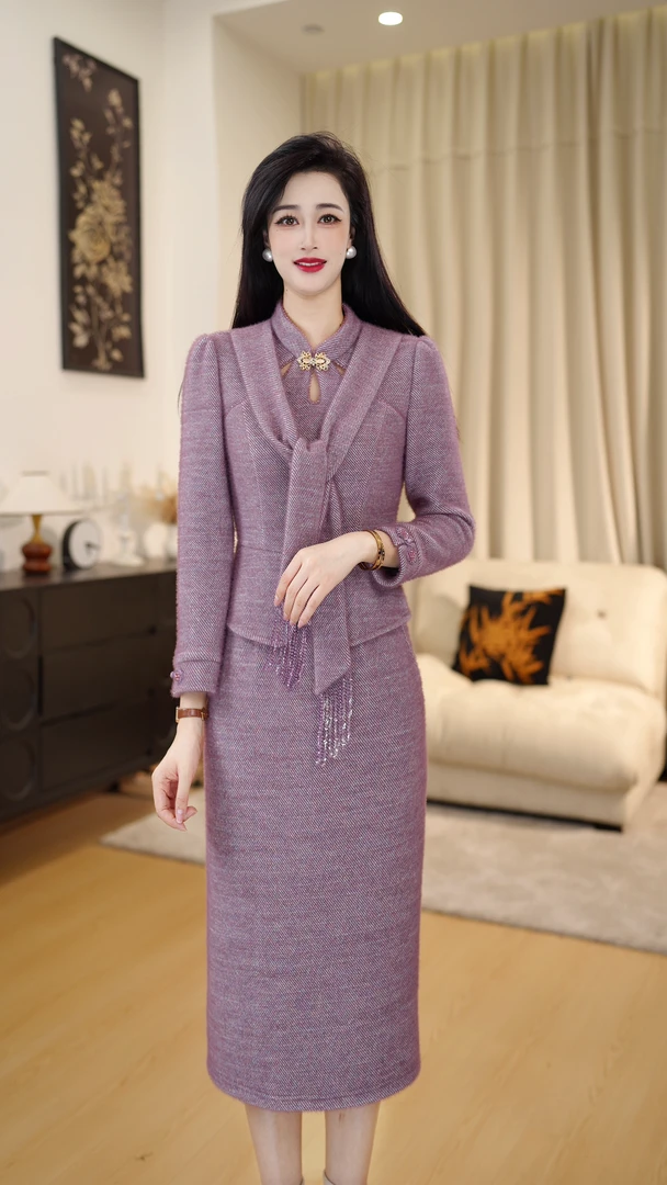 【 DLS5Q181】贵夫人轻奢假两件女秋新款妈妈装收腰显瘦高端精致裙