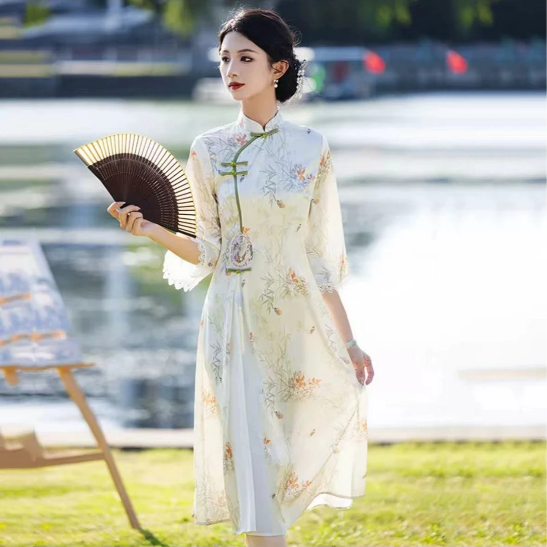 192-【绿竹】圆盘刺绣 中袖 奥戴 旗袍