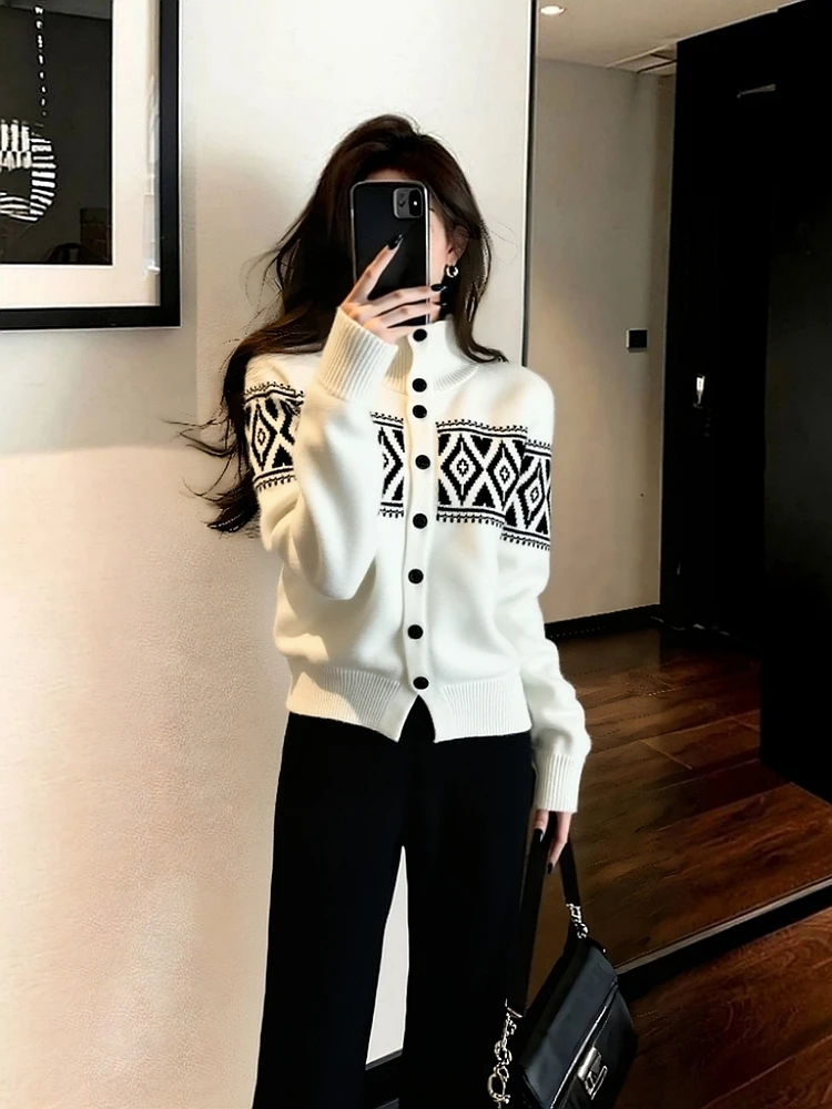 2025冬季新款韩系慵懒风巨好看设计感费尔岛提花高领针织开衫毛衣