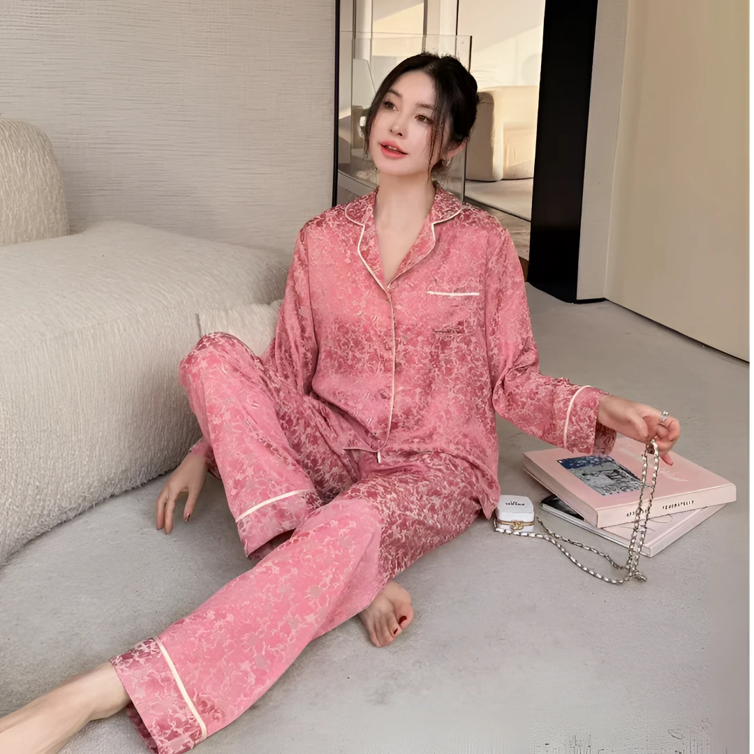 女士高档国风富贵花春秋时尚家居服套装薄款休闲四季可穿睡衣