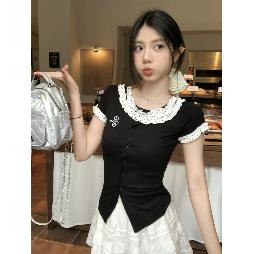 学院风辣妹波点拼接短袖t恤女夏季修身显瘦针织开衫设计感上衣潮