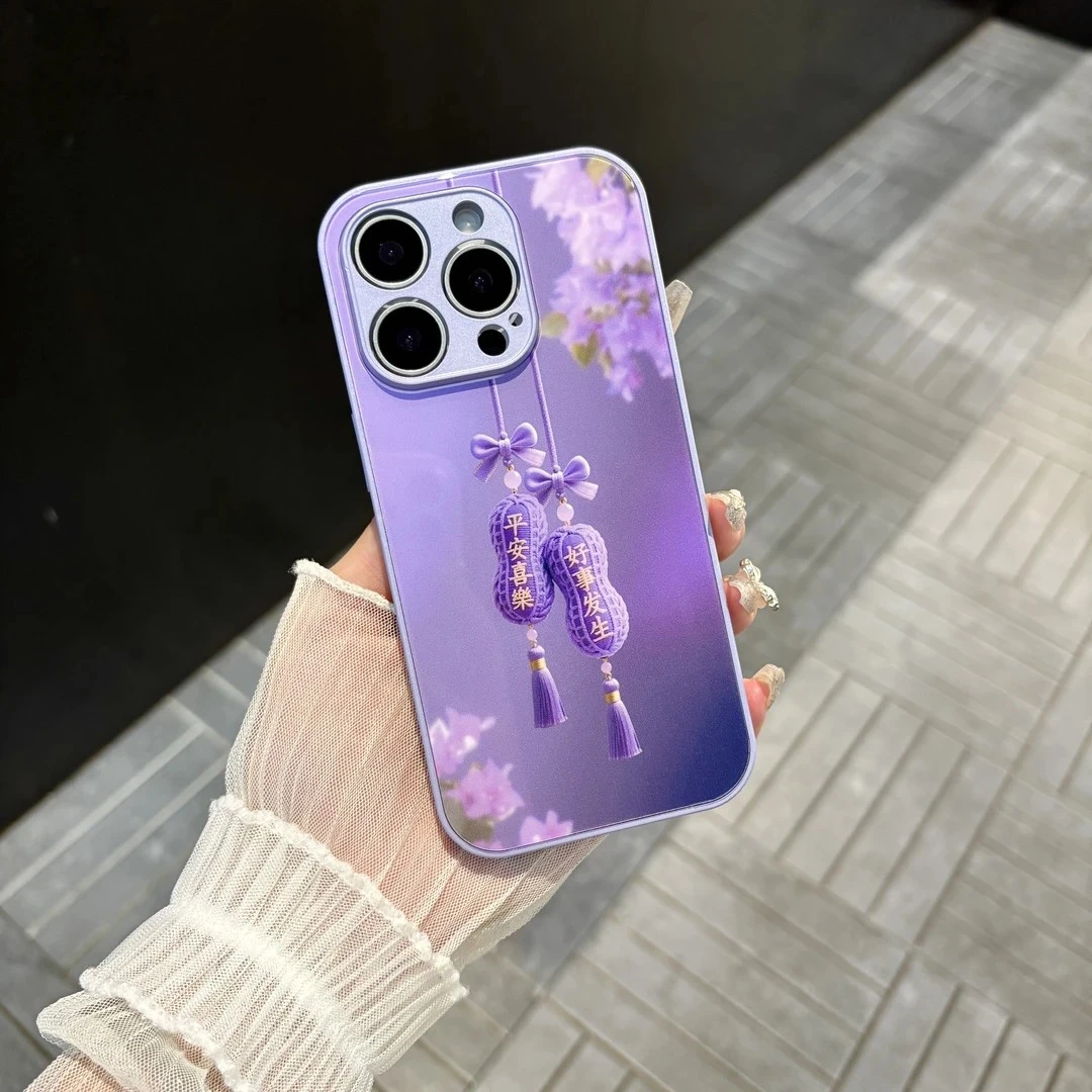 新款金属漆玻璃壳适用苹果手机壳平安喜乐简约轻奢防摔耐磨防摔套