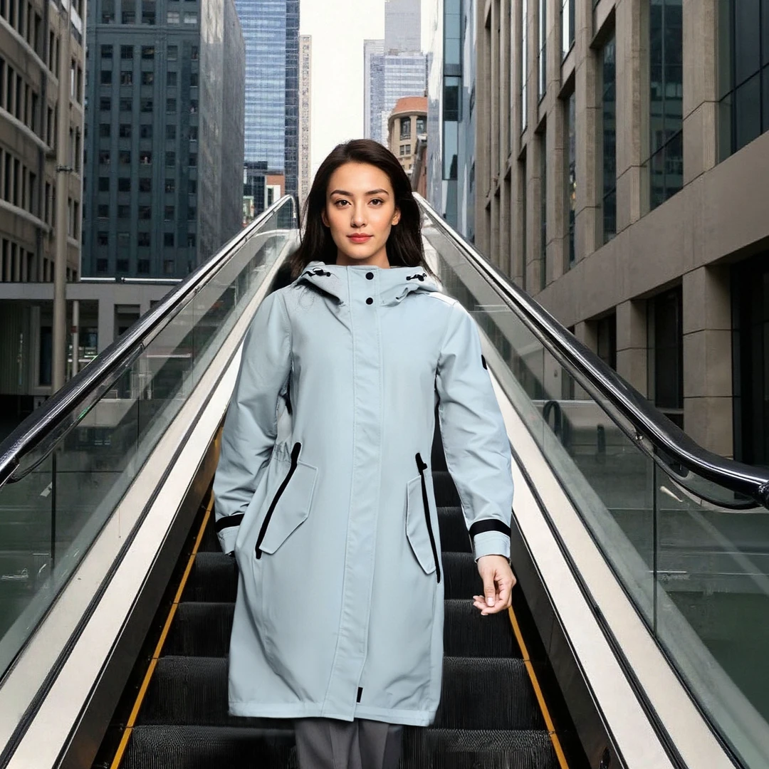 女士时尚百搭户外休闲防风防水中长款连帽风衣132-06-200