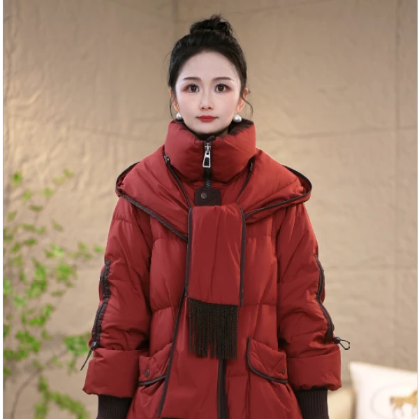 冬季设计感围巾连帽优雅百搭白鸭绒羽绒服M-XL