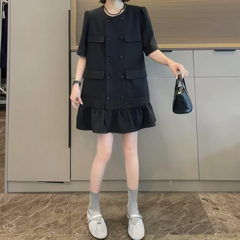 时尚气质双排扣短袖连衣裙女2025夏季大码胖MM显瘦遮肉荷叶边短裙