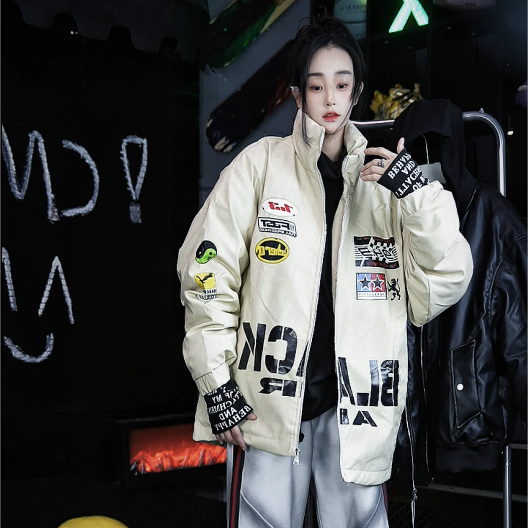 NY秋冬美式机车风棉服男百搭保暖羽绒服撞色拼接男女同款