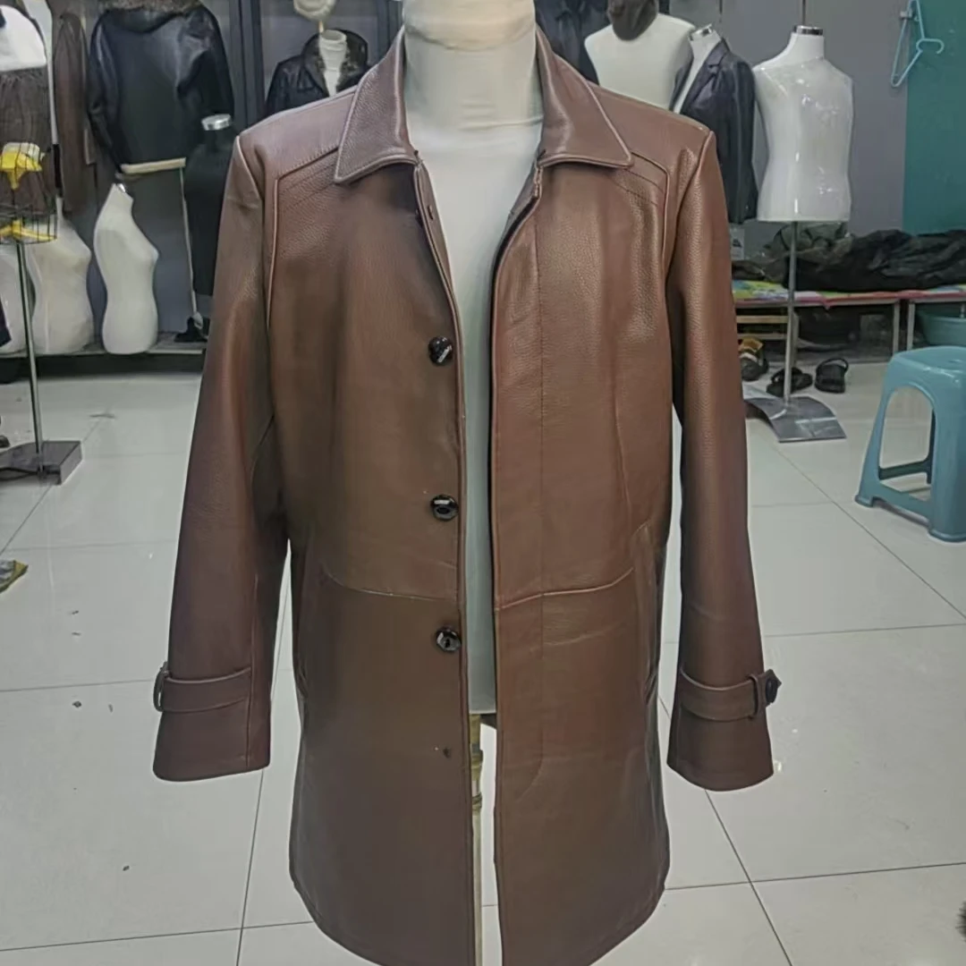 牛皮中长款黄棕色带貂皮内胆54码