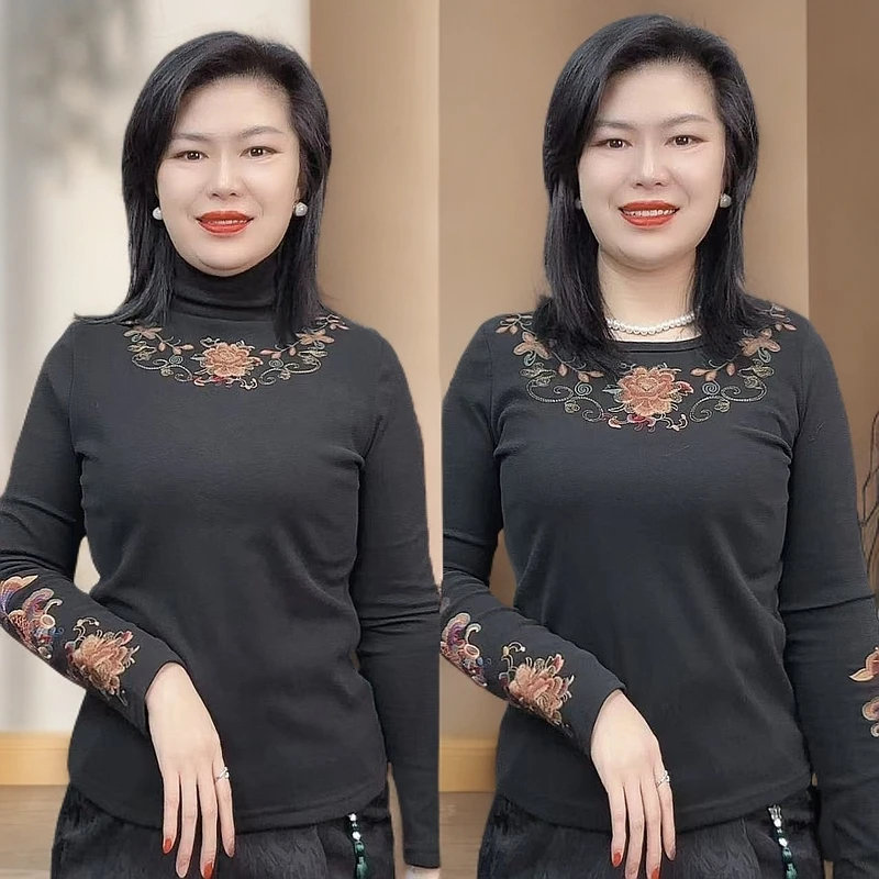 小兰国风秋冬原创复古高弹加绒【锦鲤刺绣】时尚优雅高端保暖打底衫