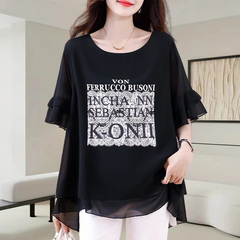 中长款短袖印花雪纺衬衫女2025夏季新款时尚减龄宽松洋气小衫上衣