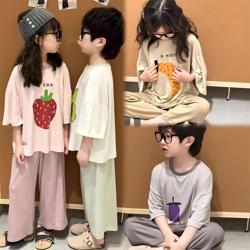 莫代尔儿童睡衣2025夏季新款男童短袖家居服套装女童休闲服空调服