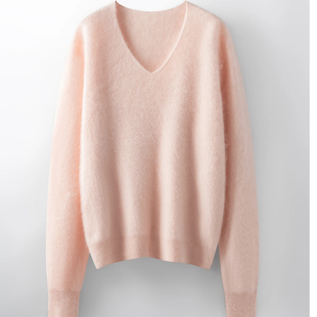 【V领拉绒】95%绵羊毛5%山羊绒一线成衣拉绒V领鸡心领毛衣女-NS5128