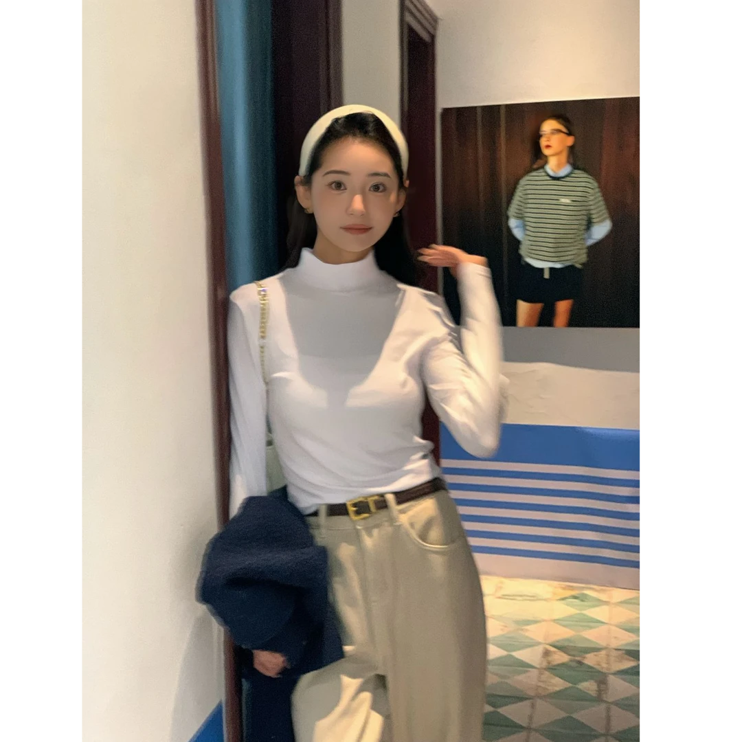 秋冬高领磨毛加厚保暖内搭打底衫女百搭显瘦修身长袖t恤纯色上衣