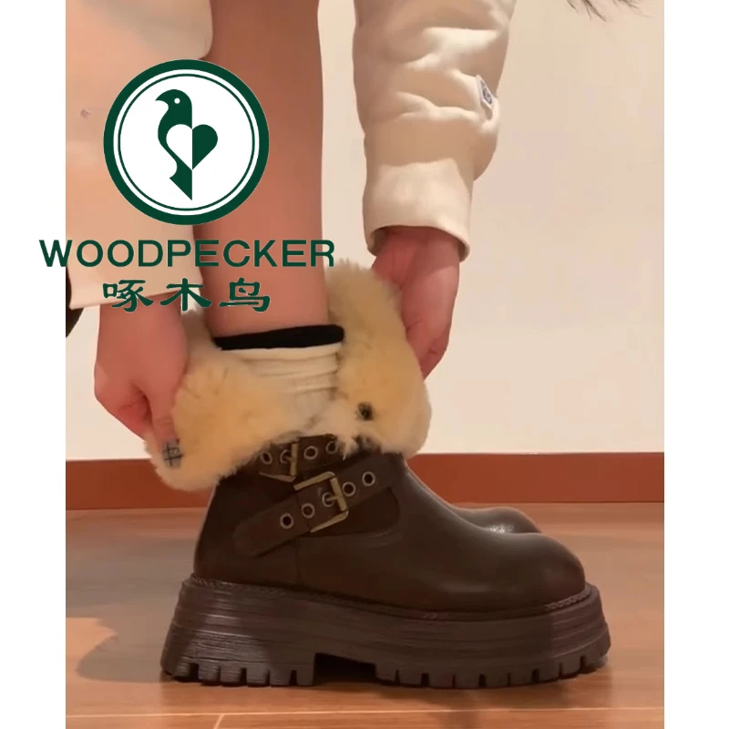 啄木鸟厚底棕色雪地靴女2025年冬季新款加绒加厚保暖棉鞋防滑棉靴
