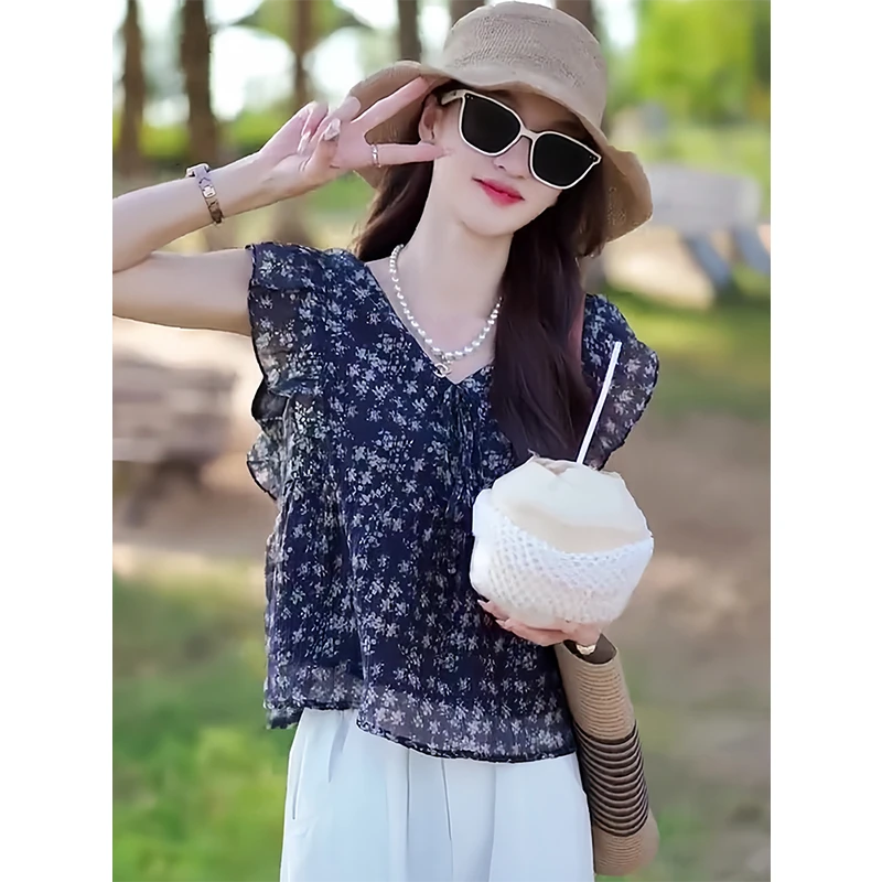 韩系设计感碎花衬衫女2025年夏季新款洋气小衫无袖轻奢高级感上衣