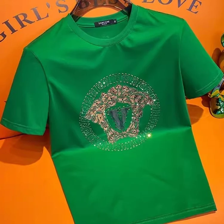 欧美品质烫钻潮牌圆领短袖t恤男潮流男装2025夏新款男士半袖休闲