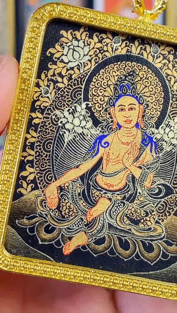 吊坠热贡纯手绘唐卡黑金绿度