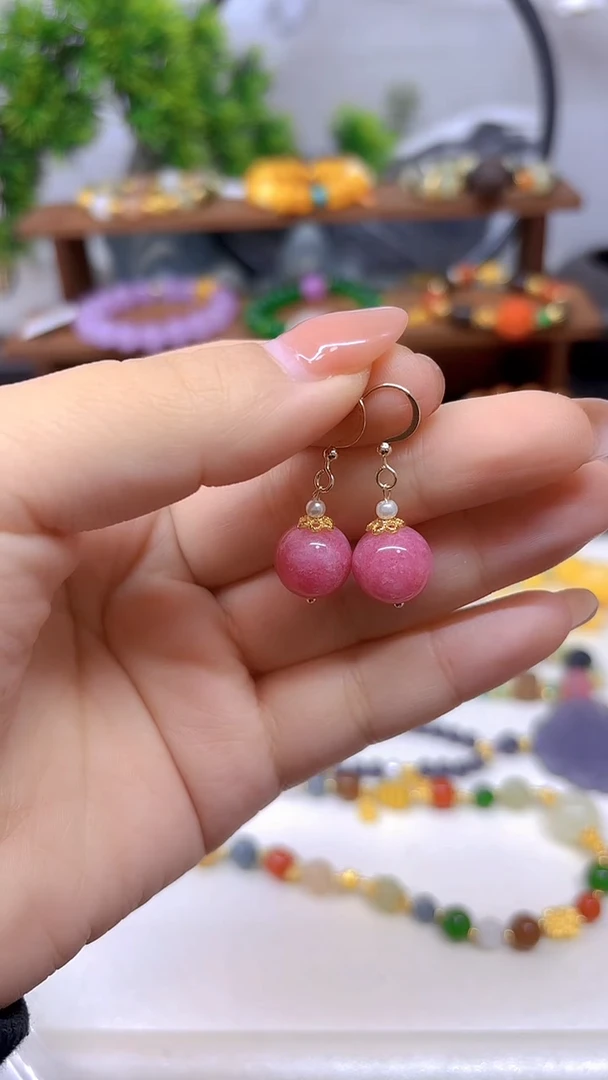 14K金镶嵌菱锰矿（红纹石）耳坠E794