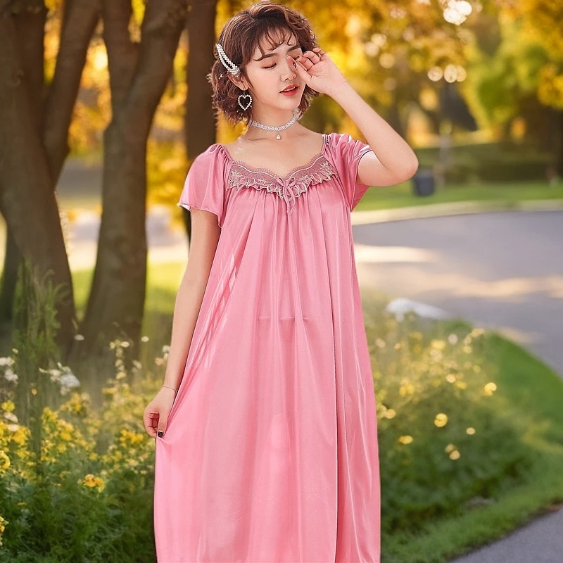 新款2025夏季新品短袖送50-60岁妈妈睡衣加肥大码冰丝中长款纯色