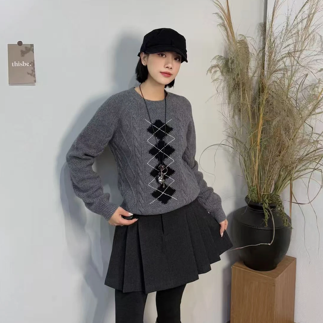 31318#麻花螺纹上衣圆领针织衫百搭复古格纹菱形方块长袖