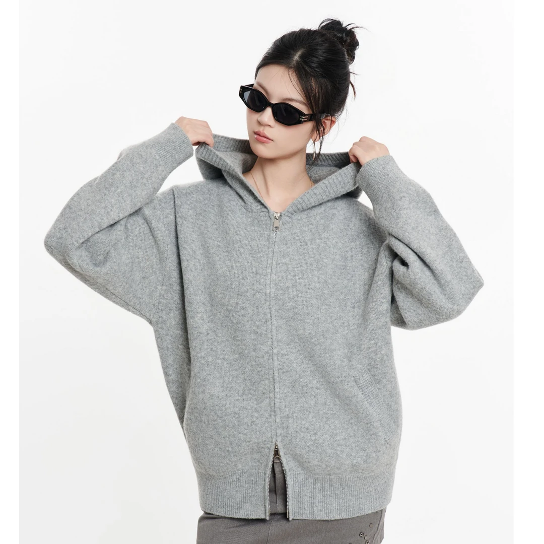 HSNH秋季毛衣针织衫宽松型纯色加厚连帽外套