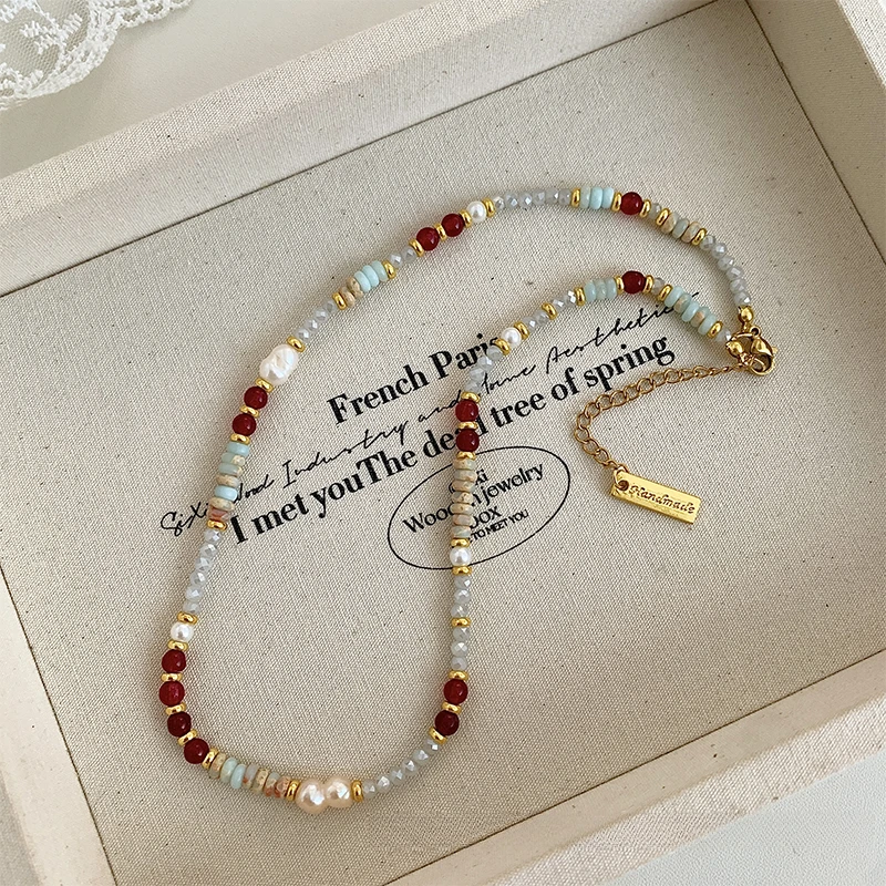 铜合金项链 夏日天然仿珍珠彩色多巴胺串珠项链女小众轻奢百搭ins