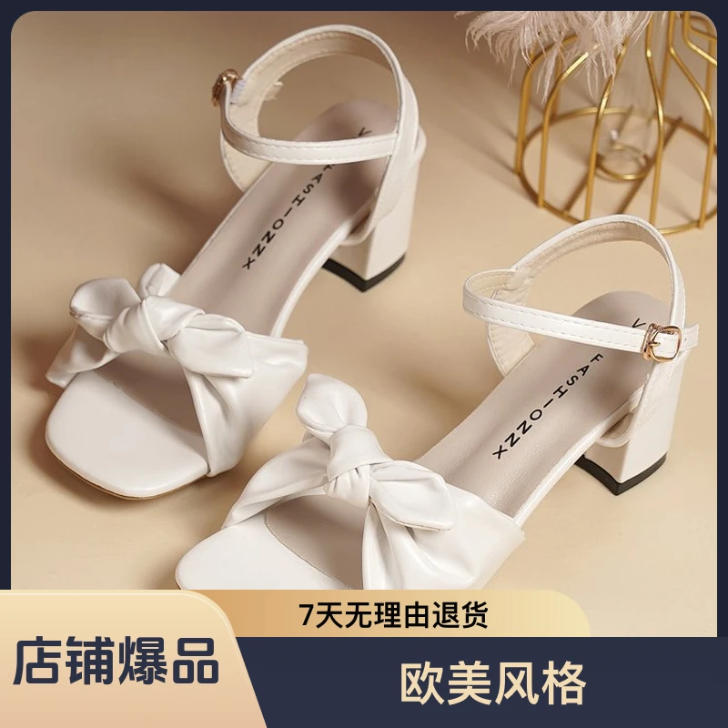 女鞋高跟鞋一字时装蝴蝶结大码百搭新款凉鞋搭扣时尚夏季2025粗跟