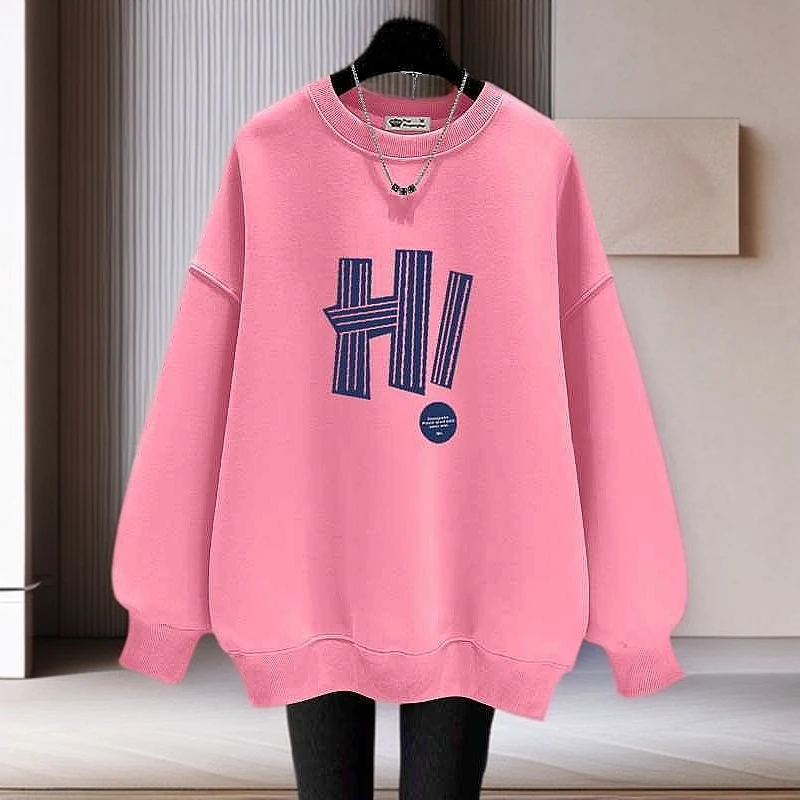 粉色薄款字母印花圆领卫衣女加绒2025新款秋冬宽松中长款遮屁股潮