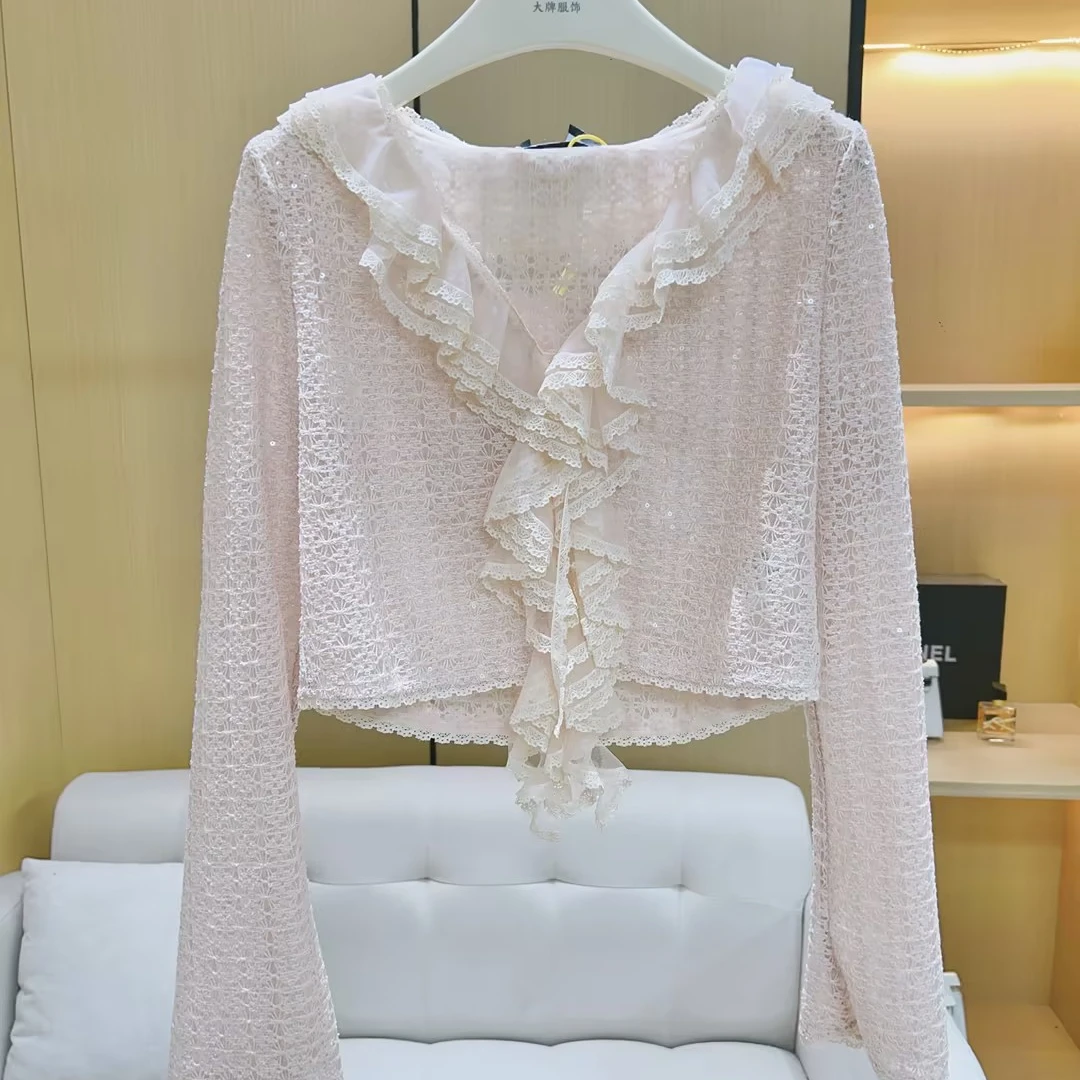 丨秋冬新款粉色重工拼接蕾丝气质时尚百搭外套 5960