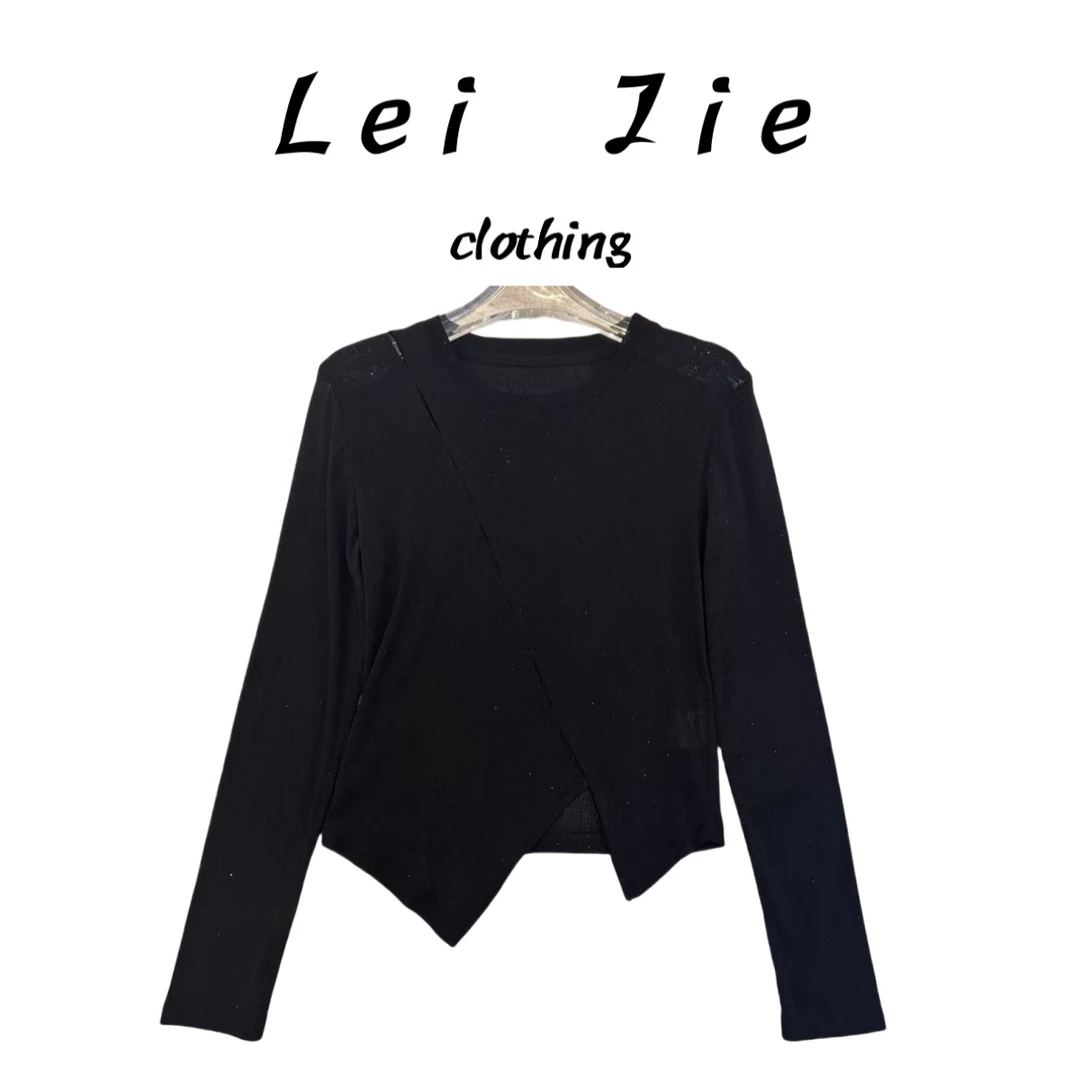 【Lei Jie】欧货修身满钻斜角高弹网眼上衣902