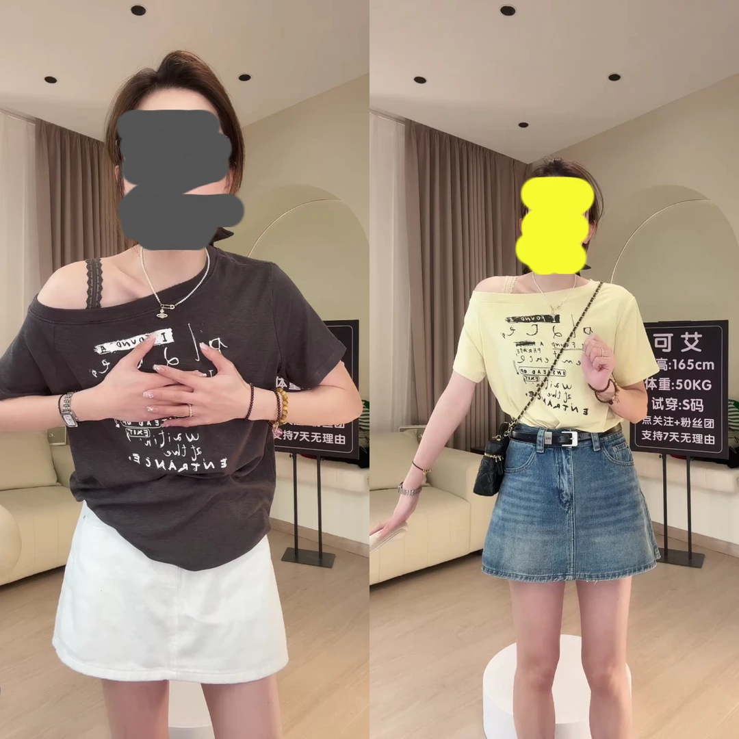 【化学公式】夏季新款韩系休闲时尚显瘦百搭斜肩短袖T设计感