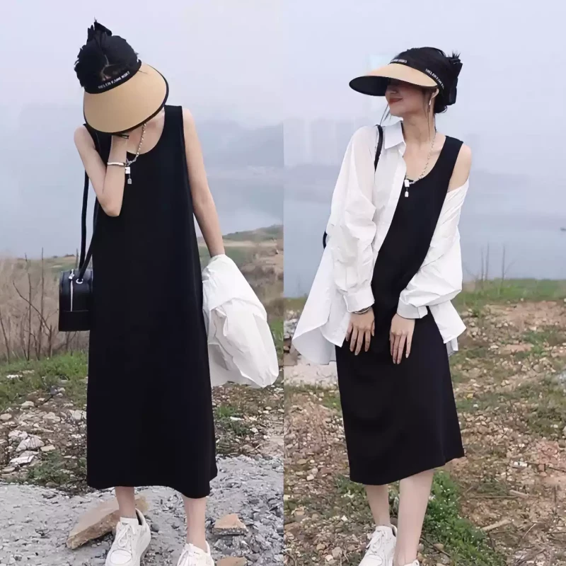 气质显瘦黑色背心连衣裙夏季宽松防晒衬衫外套吊带长裙两件套女