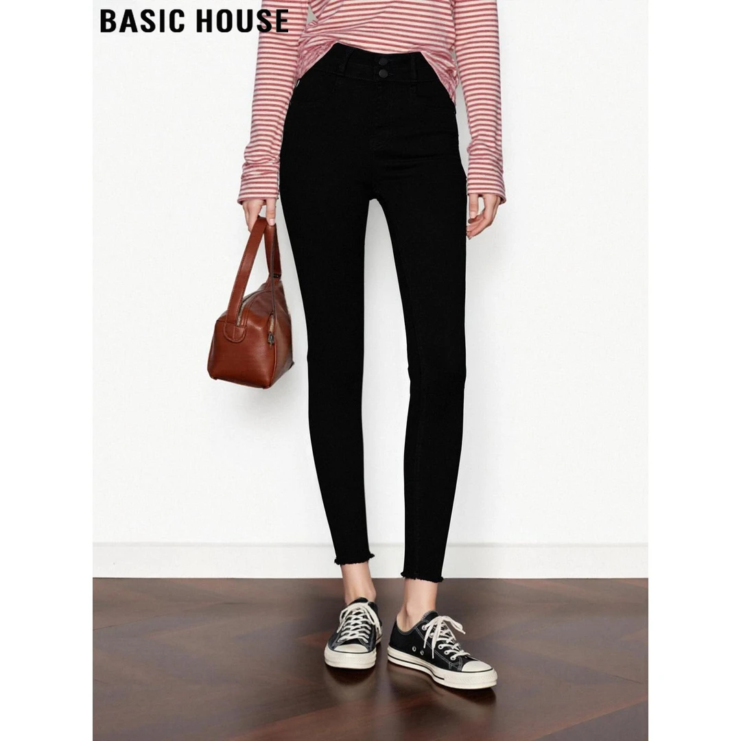 Basic House/百家好黑色九分加绒毛边小脚牛仔裤女士秋冬铅笔裤子
