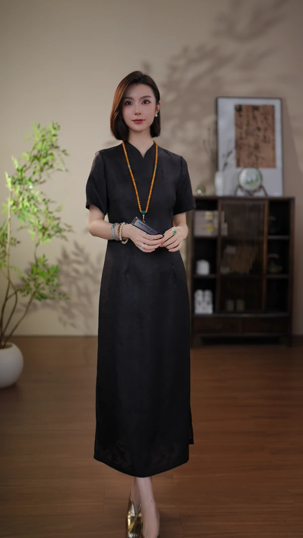 GONG QUE 新中式桑蚕丝香云纱暗纹提花气质显瘦短袖连衣裙 3171