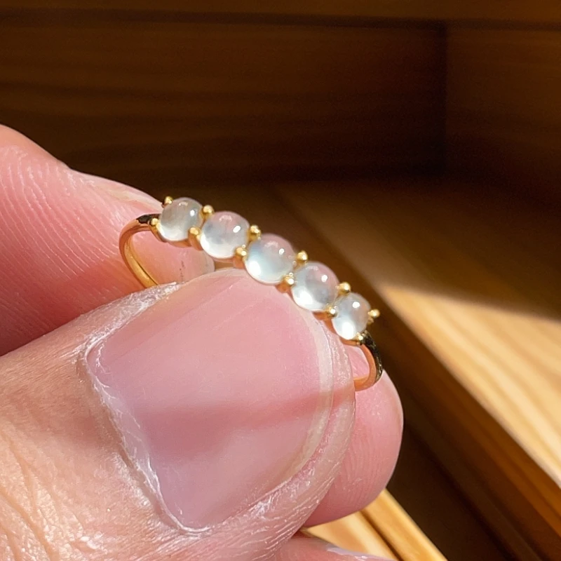 18K金天然翡翠A货-冰蛋面排戒戒指K黄1080