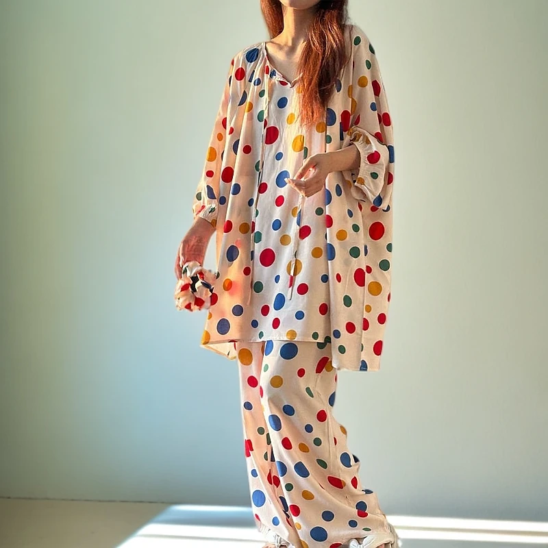 彩色波点绵绸睡衣女春秋新款爆款宽松七分袖长裤家居服可外穿睡衣