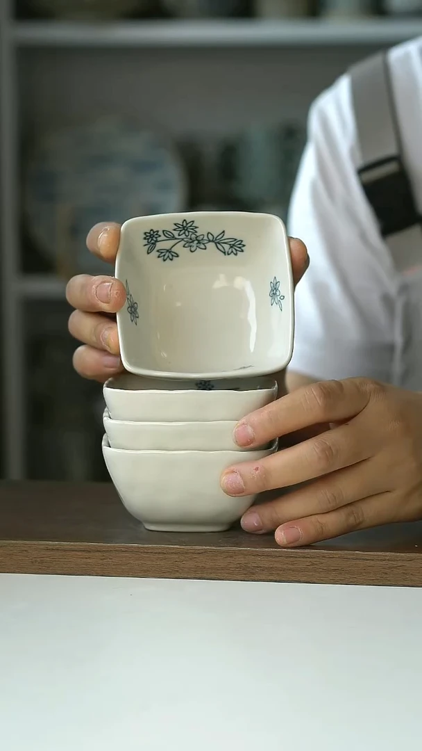 微瑕日式复古樱花蘸料方碟8.5cm四只装@4-2@