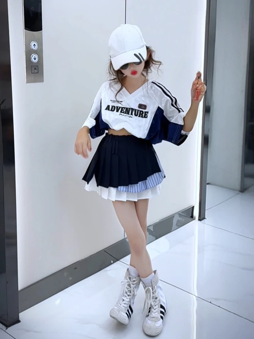 美式撞色印花超酷球衣T恤套装女童2025夏季新款辣妹百褶裙两件套