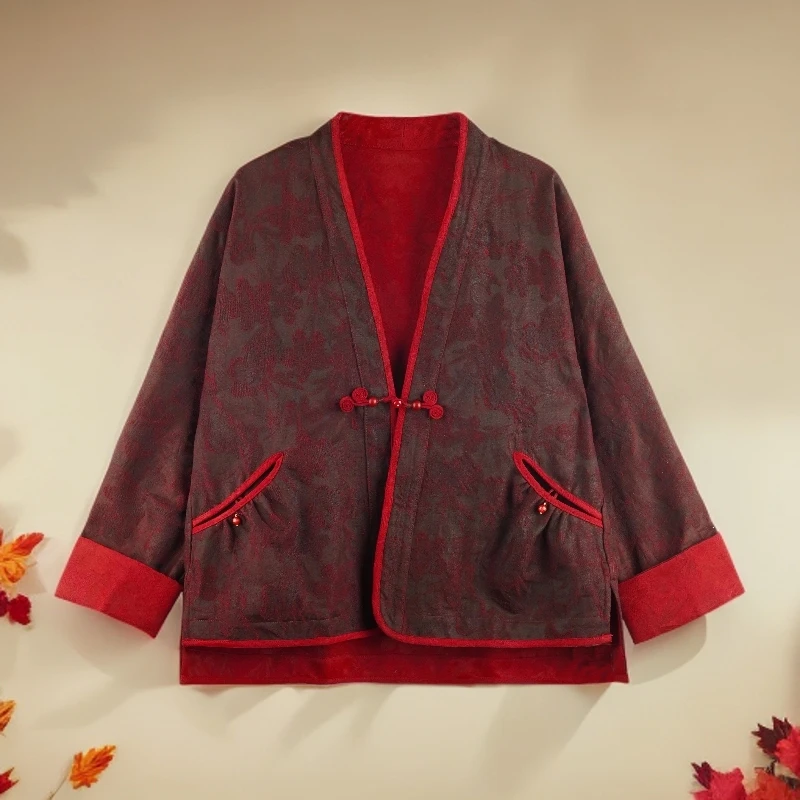 LN2025新款中国风红色蝴蝶兰一粒扣茶服长袖外套 24ZH909M