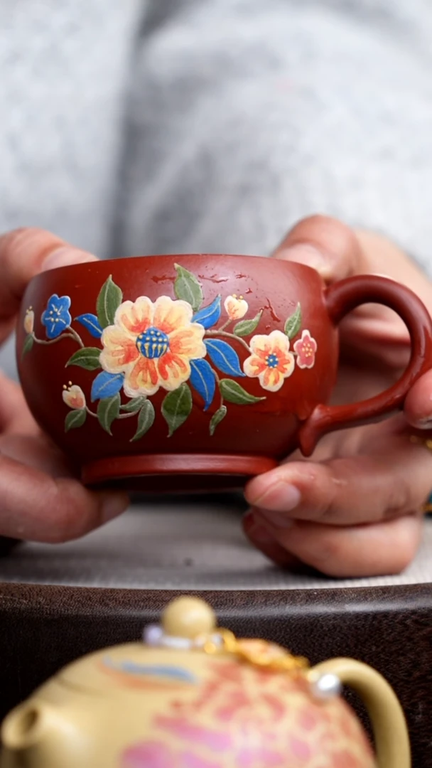 茶壶紫砂朱泥蓝花主人杯