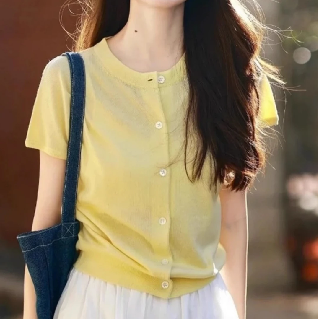 时尚洋气绝美黄色圆领短袖针织开衫女夏季新款独特超好看小众上衣