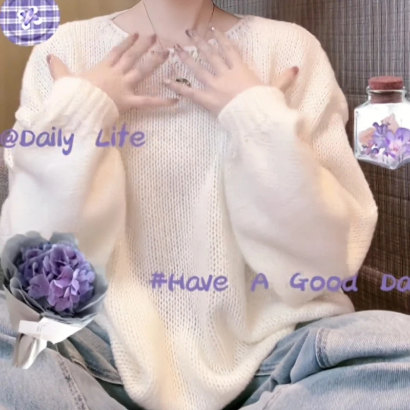 秋季宽松百搭风针织衫圆领上衣慵懒风温柔风软糯风时尚风纯色毛衣