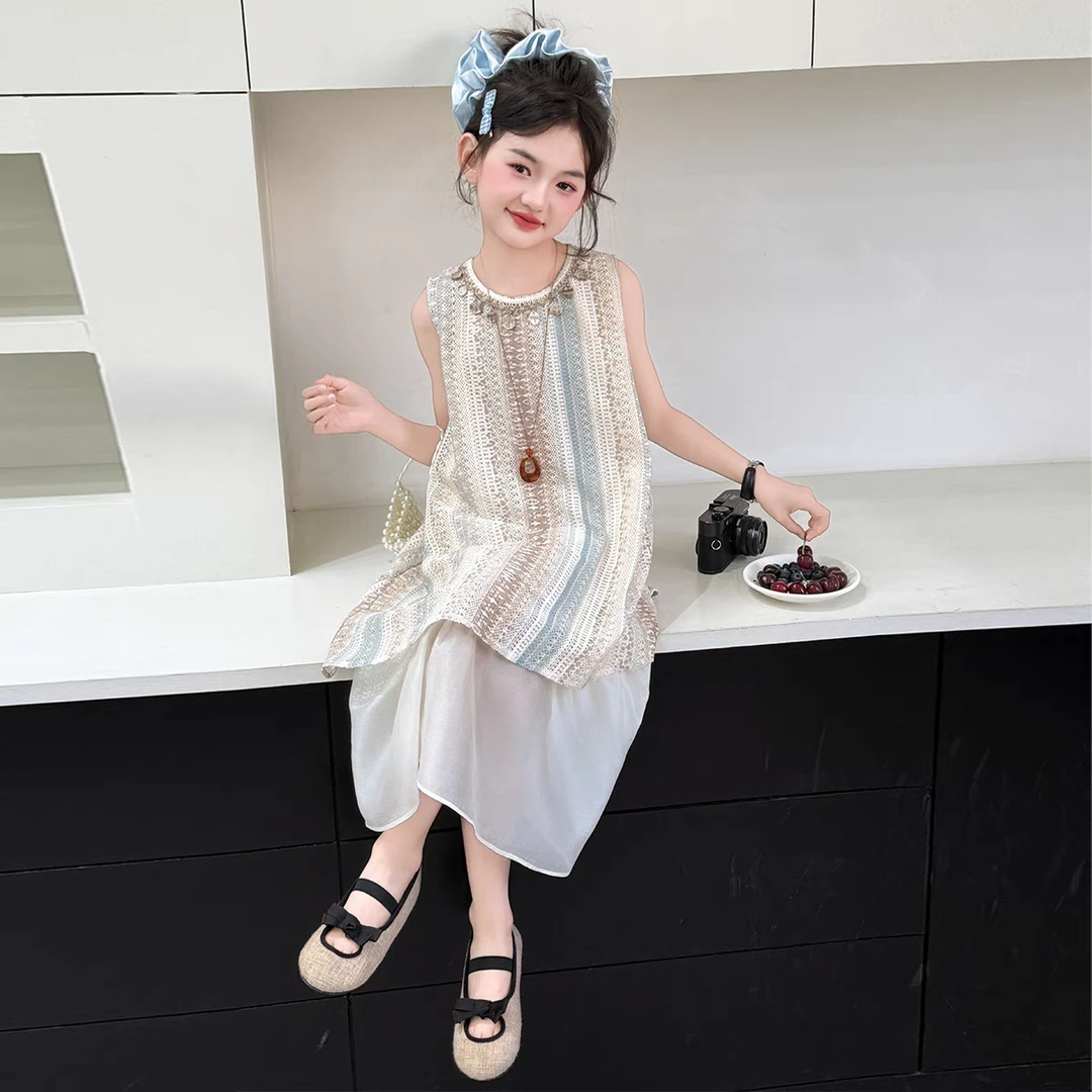 J615夏L·H·NIAO2025新款女童连衣裙洋气度假旅游假两件拼接连衣裙