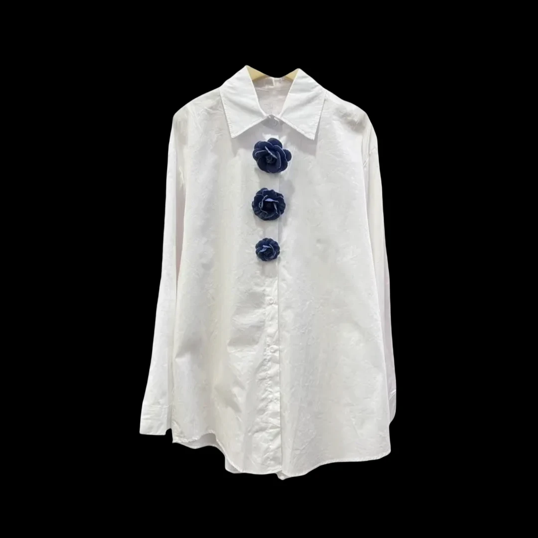 2025春季花朵欧美风不褪色立体装饰宽松型翻领衬衫XX18802