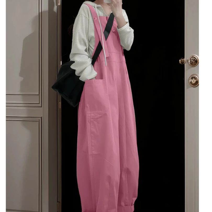 今年流行爆款玫红色背带裤2025春季新款设计感宽松慵懒风长裤套装