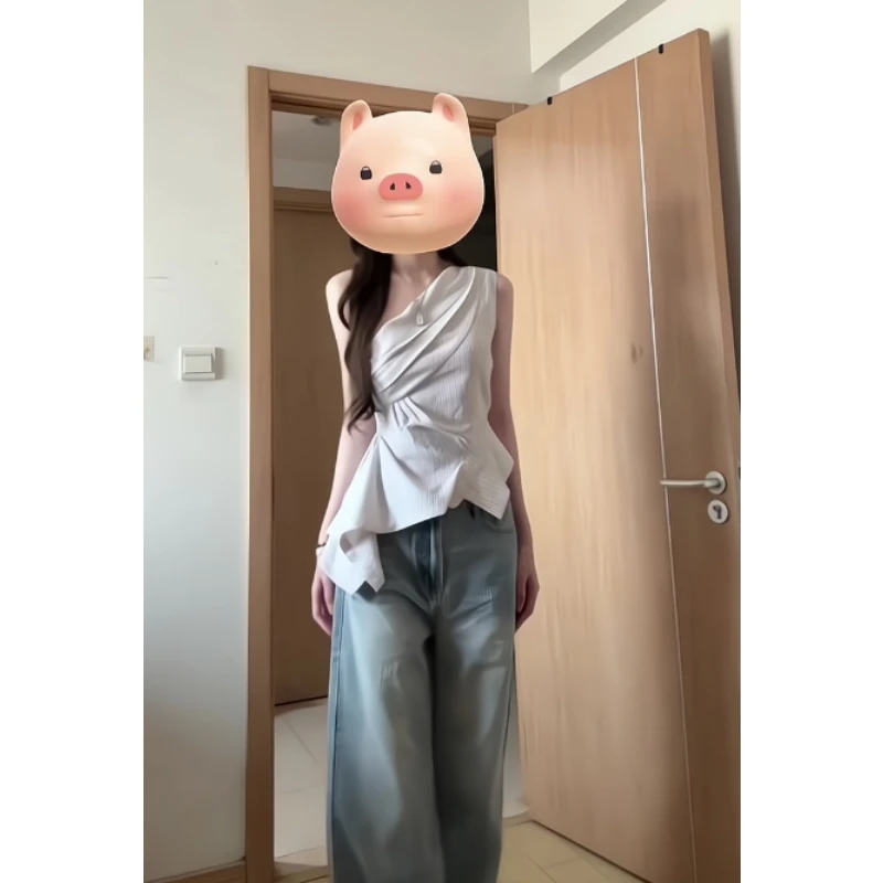 单肩不规则条纹拼接设计感衬衫搭配宽松阔腿裤两件套