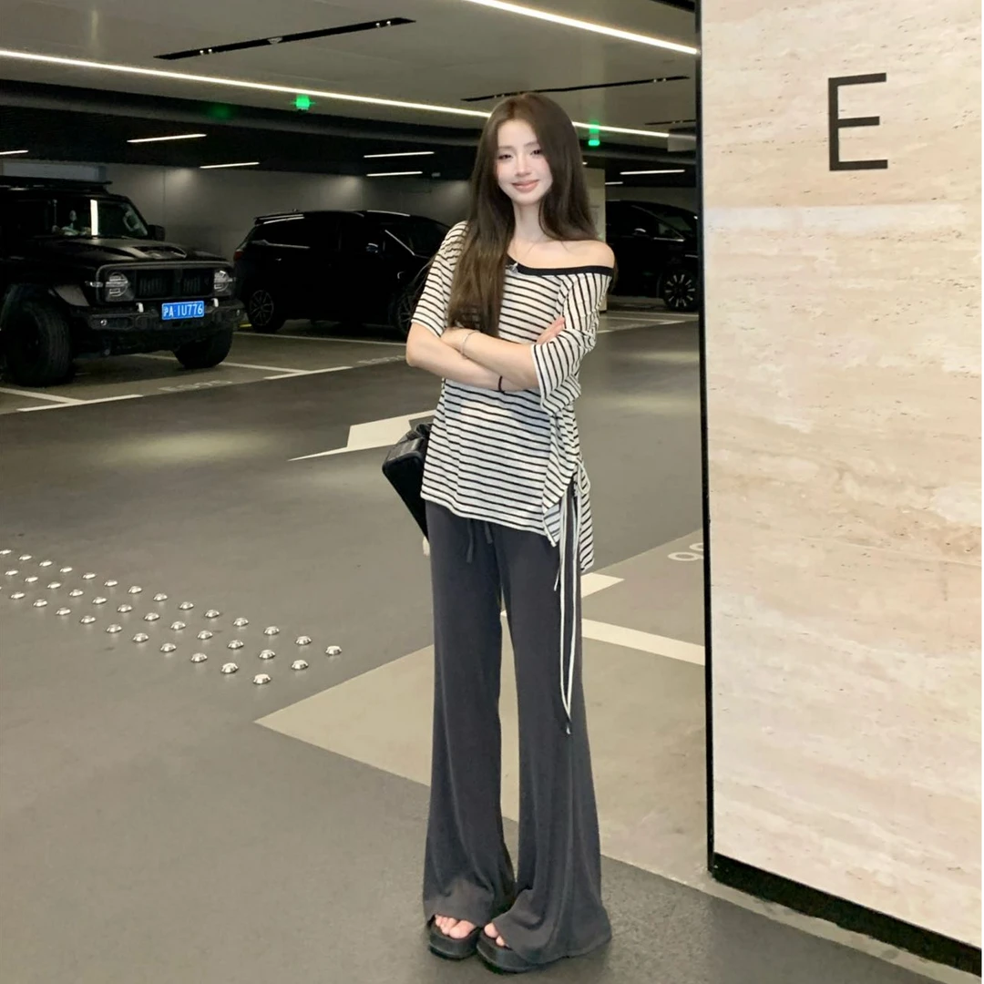 2025夏季新款时尚套装气质显瘦条纹短袖上衣性感辣妹洋气休闲长裤