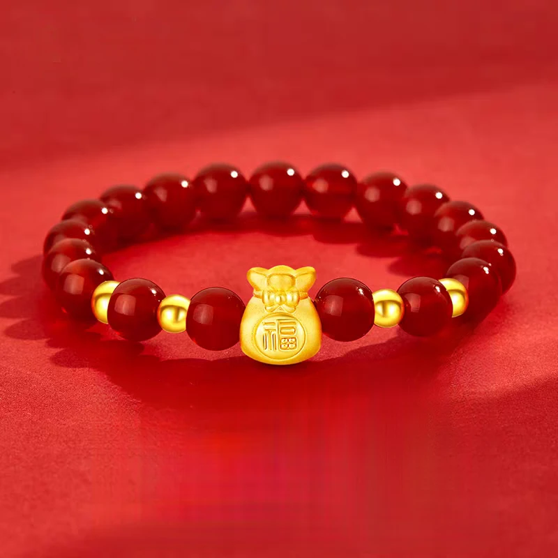 足金福袋加足金古法金珠四颗（卡四）搭红 玉 髓精美手串（随机发）