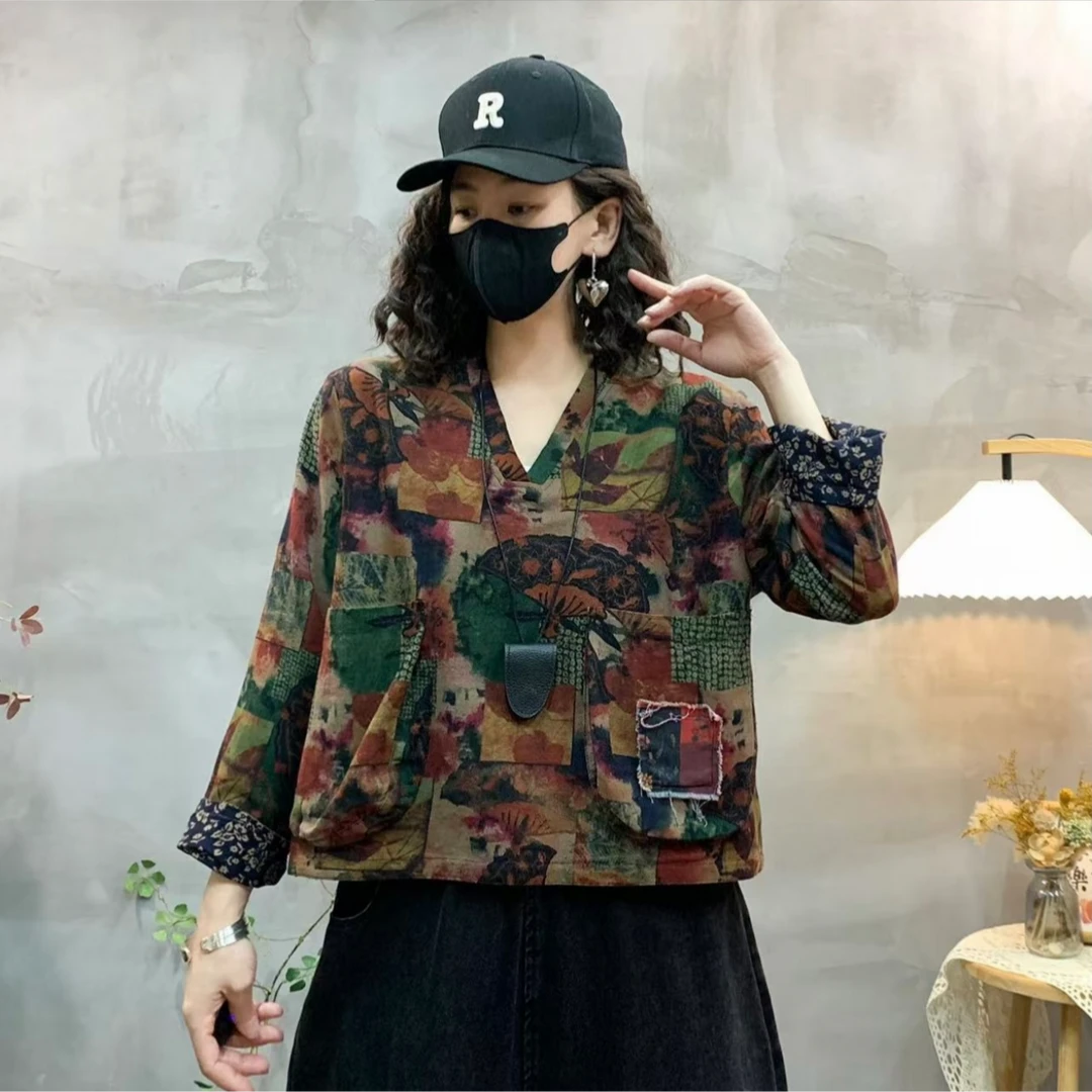 C2846春款两面穿外套女复古百搭网红花色上衣休闲宽松显瘦