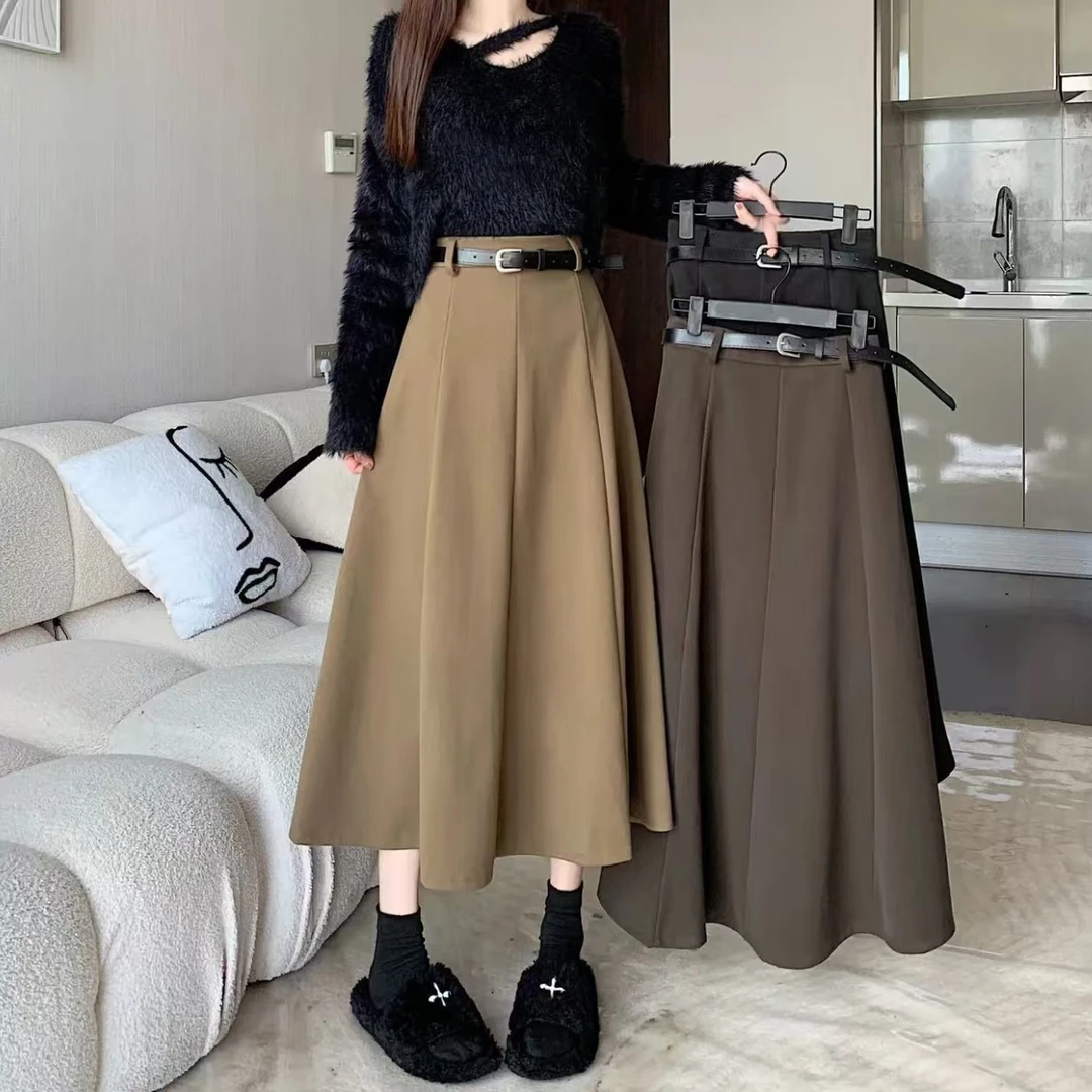 送腰带毛呢半身裙新款秋冬款高腰八片裙中长款显瘦百褶裙时尚伞裙