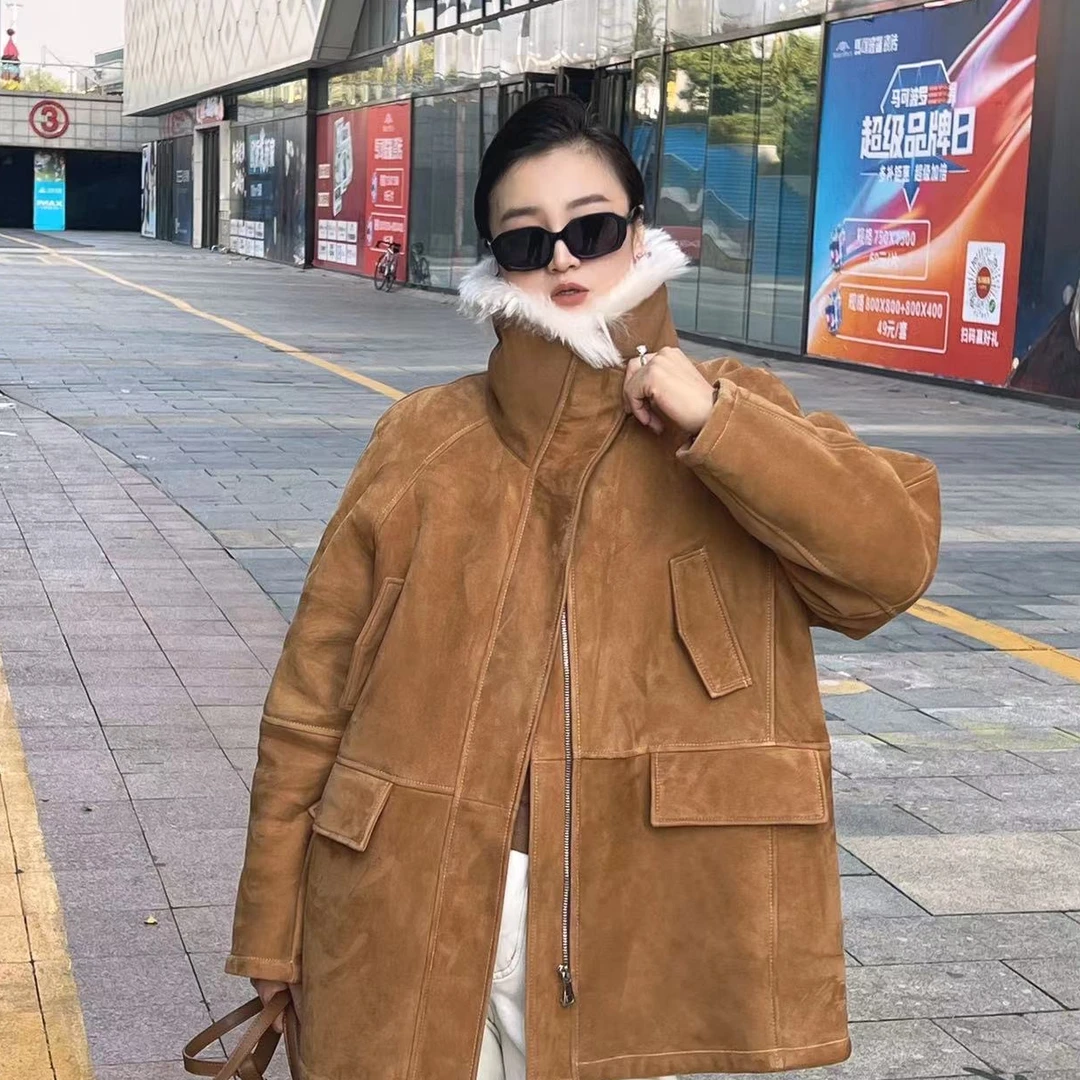 中古琥珀-秋冬首选包裹感氛围感托卡时尚休闲翻领皮毛一体外套